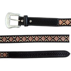 Black Western Basket Weave Belt Diamond Embroidery Size 36 Rodeo Unisex 1.5"Wide